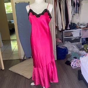 hot pink silk dress with black lace